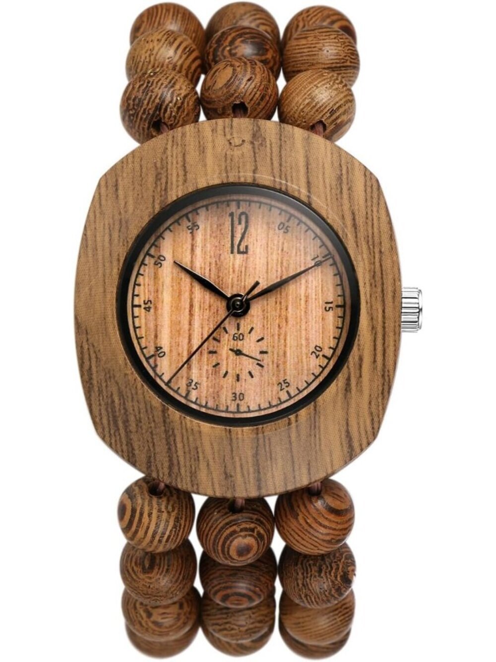 Women's All Brown Analog Quartz Buddhist Beaded Bracelet Elastic Wooden Watch
